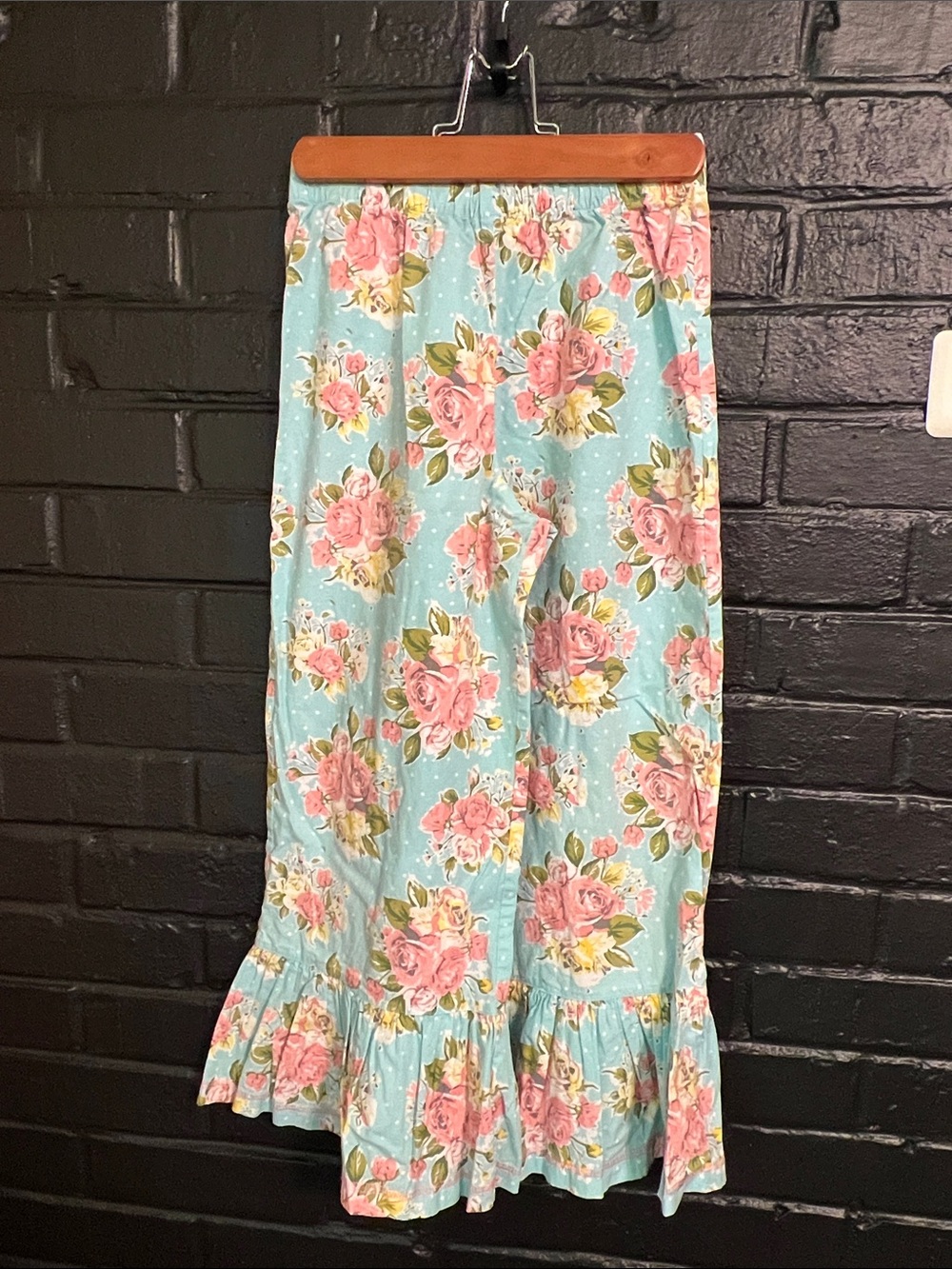 Serendipity Floral Ruffle Hem Pants - Pink Roses on Light Blue